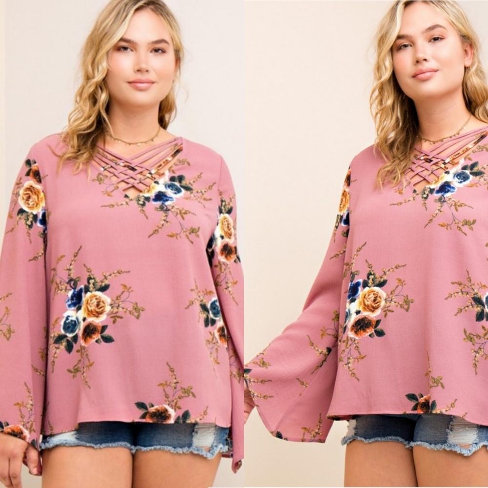 Mauve Floral Top With Bell Sleeves